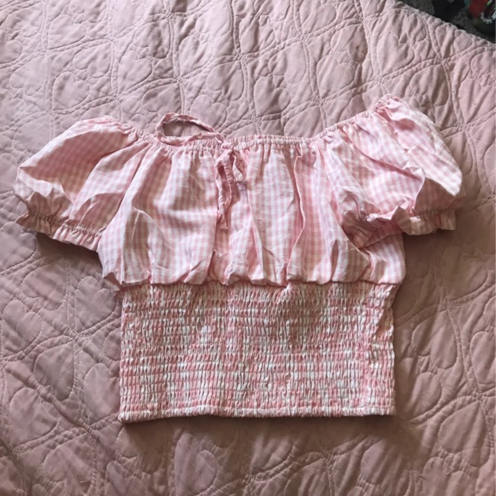 over the shoulder gingham top